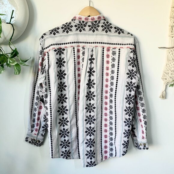 Vintage Woven Stripe Pattern Button Up Snowflake Shirt Granola Grandmacore Boho - Picture 4 of 16